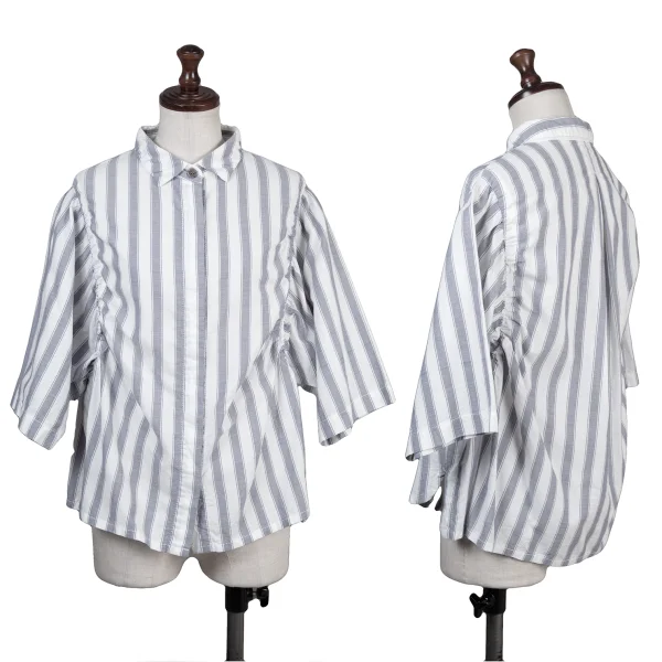 Y's for living Cotton Gather Striped Short Sleeve Shirt White,Navy S-M K-176323_001
