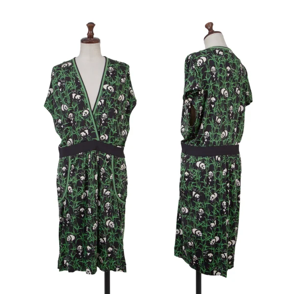 VIVIENNETAM Silk Animal Print V-neck Sleeveless Dress Green,Black,White L K-176369_001