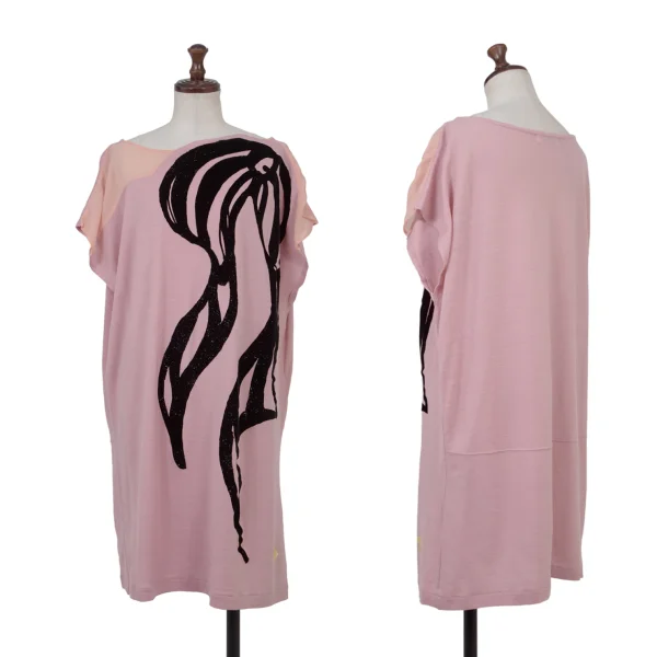 TSUMORI CHISATO Glittery Flocked Print Switching Sleeveless Tunic Pink,Black 2 K-176377_001