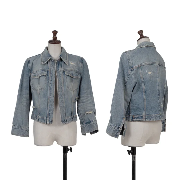 DOLCE&GABBANA Leopard Lined Buttonless Distressed Denim Jacket  Indigo XS-S K-176384_001