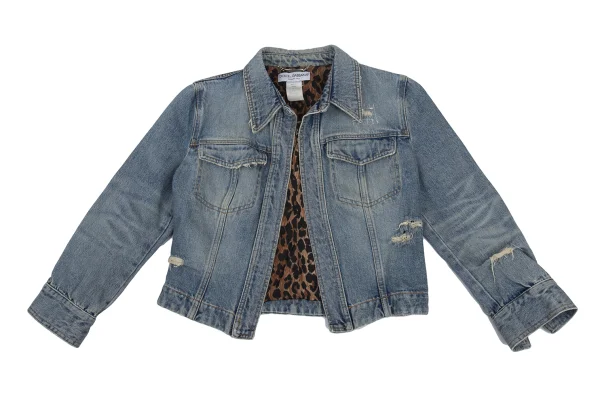 DOLCE&GABBANA Leopard Lined Buttonless Distressed Denim Jacket K-176384_002