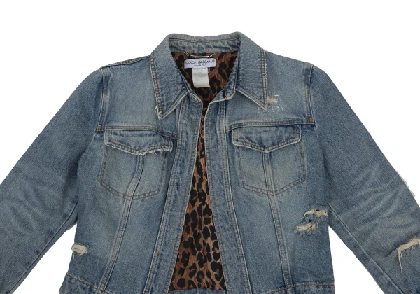 DOLCE&GABBANA Leopard Lined Buttonless Distressed Denim Jacket K-176384_003