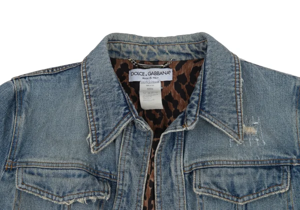 DOLCE&GABBANA Leopard Lined Buttonless Distressed Denim Jacket K-176384_004