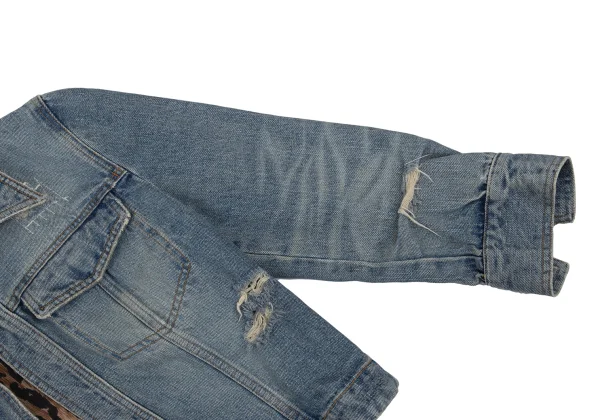 DOLCE&GABBANA Leopard Lined Buttonless Distressed Denim Jacket K-176384_008