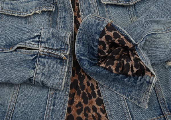 DOLCE&GABBANA Leopard Lined Buttonless Distressed Denim Jacket K-176384_010