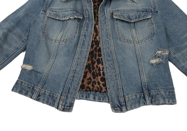 DOLCE&GABBANA Leopard Lined Buttonless Distressed Denim Jacket K-176384_011