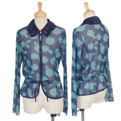 【SALE】ヒロコ ビスHIROKO BIS ドット花柄モチーフプリント切シースルーシャツ 青ターコイズ