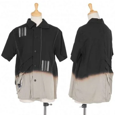 プルドゥ pour deux むら染めチェックパッチワーク半袖ブラウス 黒オフベージュ