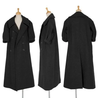 【SALE】ヨウジヤマモト ファムYohji Yamamoto FEMME ウールナイロン半袖ロングコート チャコールグレー