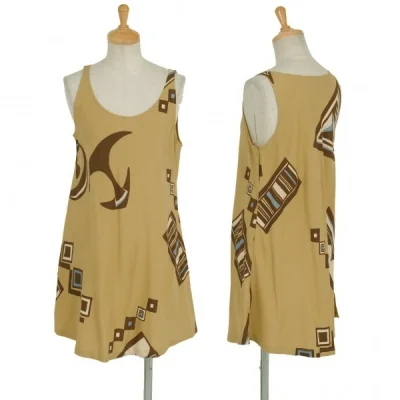 【SALE】レキップ ヨシエイナバL'EQUIPE yoshie inaba シルク柄デザインAラインチュニック ベージュ茶他