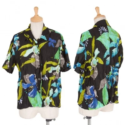 【SALE】イッセイミヤケISSEY MIYAKE シワ加工フラワープリント半袖シャツ 黒緑青他
