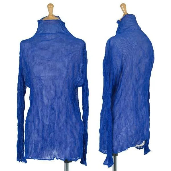 イッセイミヤケISSEY MIYAKE波プリーツハイネックカットソー 青M (K-24407)