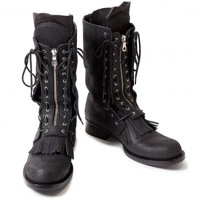 リミフゥLIMI feu 顔料キャンバスフリンジレースアップレザーブーツLL