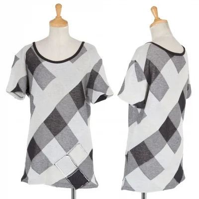 ワイズY’s ブロックチェックデザイン半袖ニット 黒グレー