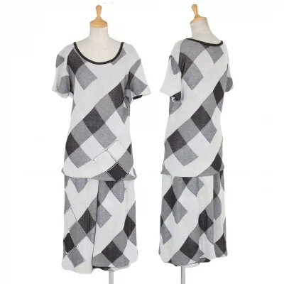 ワイズY’s ブロックチェックデザインニットセットアップスーツ 黒グレー