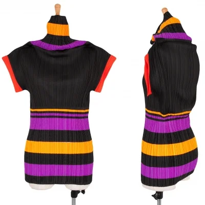 プリーツプリーズPLEATS PLEASE タートルネックネオンカラーボーダーカットソー 黒紫オレンジ赤
