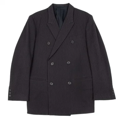 【最終値下げ】ワイズフォーメンY's for men ナイロンウールストライプピークドラペルダブルジャケット 濃紺グレー