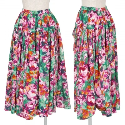 ケンゾーKENZO コットン花柄ギャザースカート ピンク緑他