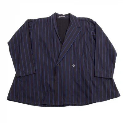 	イッセイミヤケ メンISSEY MIYAKEMEN アシンメトリーラペルストライプコットンジャケット 紺青
