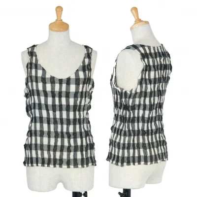 【SALE】イッセイミヤケISSEY MIYAKEプリーツブロックチェックタンクトップ 黒ベージュ
