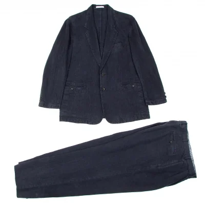 【SALE】パパスPapas リネンノッチドラペルインディゴジャケットセットアップスーツ 紺