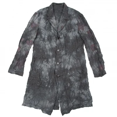 ヨウジヤマモト プールオム Yohji Yamamoto POUR HOMME 製品染め花千鳥柄ワッシャーロングジャケット チャコール