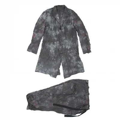 ヨウジヤマモト プールオム Yohji Yamamoto POUR HOMME 製品染め花千鳥柄ワッシャーセットアップスーツ チャコール