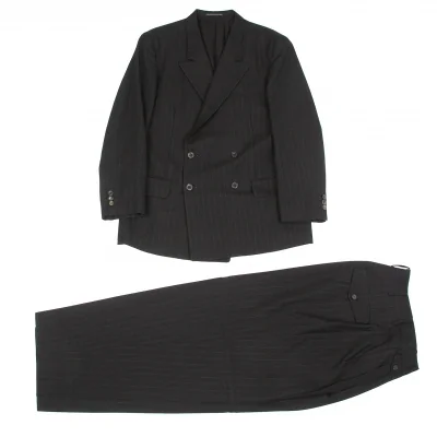 ヨウジヤマモトコスチュームドオムYohji Yamamoto COTUME D'HOMME ウールストライプピークドラペルダブルジャケットセットアップスーツ チャコール