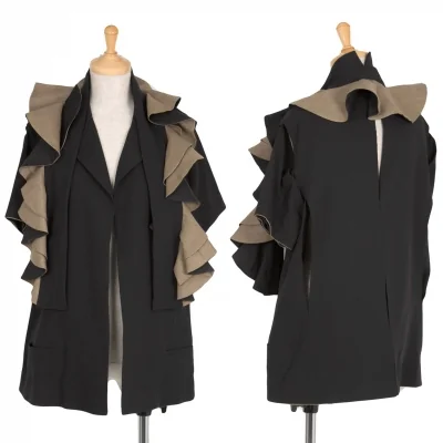 ヨウジヤマモト ファムYohji Yamamoto FEMME リネンストール付きカッティングウールギャバジャケット 黒ベージュ