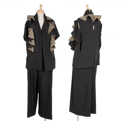 ヨウジヤマモト ファムYohji Yamamoto FEMME リネンストール付きカッティングウールギャバジャケットセットアップ 黒ベージュ