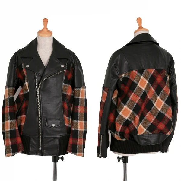 【SALE】ジュンヤワタナベ コムデギャルソンJUNYA WATANABE COMME des GARCONS チェック切替フェイクレザーダブルライダースジャケット
