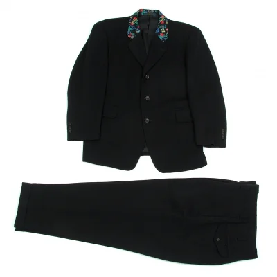 コムデギャルソンオムプリュスCOMME des GARCONS HOMME PLUS ウールボタニカル柄切替ノッチドラペルジャケットセットアップ 黒