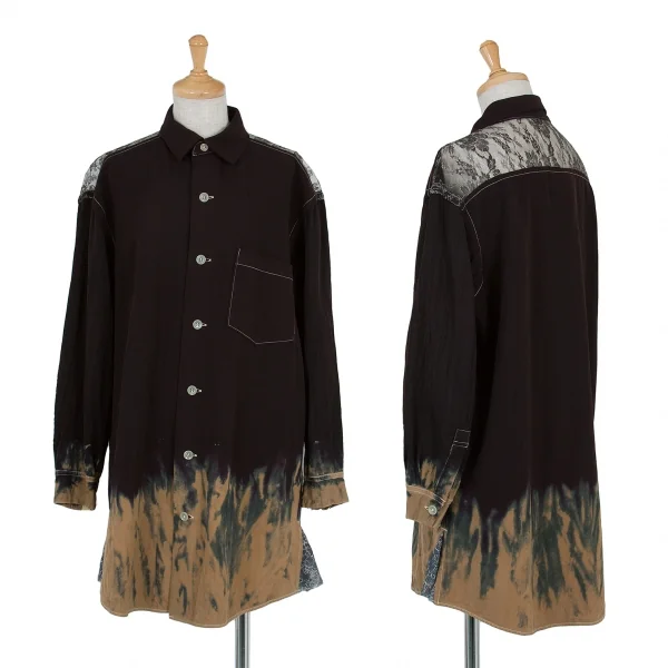 ヨウジヤマモト ファムYohji Yamamoto FEMME レース切替タイダイ絞り染めウールシャツ