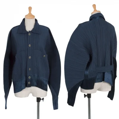 イッセイミヤケISSEY MIYAKE起毛プリーツ切替ドルマンスリーブジャケット 紺