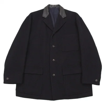 90s コムデギャルソンオム　襟レザー　ウールコート　黒　Mサイズ コムデギャルソンオムCOMME des GARCONS HOMME 襟レザー切替ウール