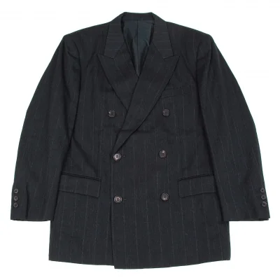 【SALE】イッセイミヤケ メンISSEY MIYAKE MEN ウールストライプピークドラペルダブルブレストジャケット 紺
