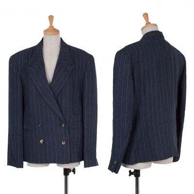 マドモアゼルノンノンMademoiselle NON NON リネンストライプダブルブレストジャケット 紺