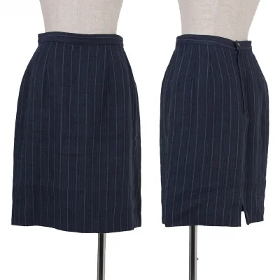 【SALE】マドモアゼルノンノンMademoiselle NON NON リネンストライプ台形スカート 紺