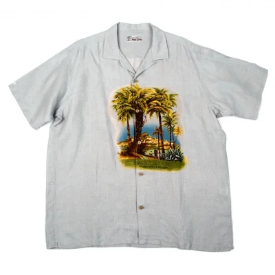 パパスPapas リネンリゾートプリントアロハシャツ グレーM位 (K
