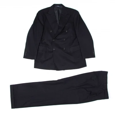 ポロラルフローレンPOLO RALPH LAUREN ウールフラノピークドラペルダブルセットアップスーツ 濃紺