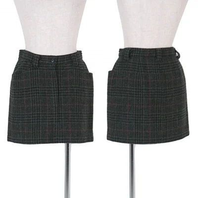 ケンゾーKENZO ウールナイロンチェックミニスカート Ｍ 緑赤黒