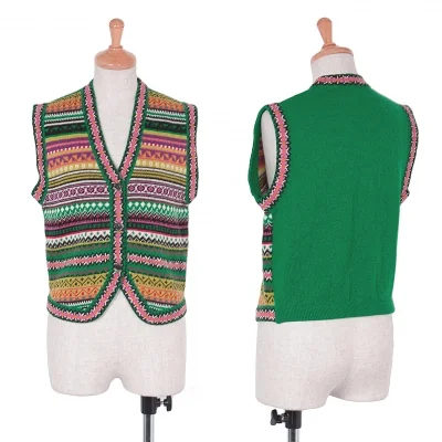 ケンゾーKENZO ネイティブ柄切替ニットベスト Ｍ 緑マルチ