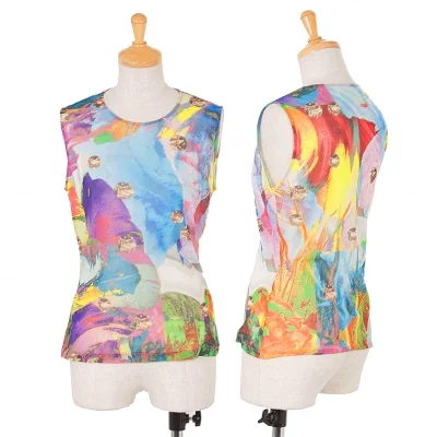 イッセイミヤケISSEY MIYAKE プリントシースルーノースリーブ 青紫マルチ