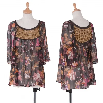 ツモリチサトTSUMORI CHISATO メルヘンプリントシルクシフォンチュニック 黒マルチ