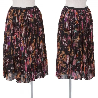 【最終値下げ】ツモリチサトTSUMORI CHISATO メルヘンプリントシルクシフォンシワ加工スカート 黒マルチ