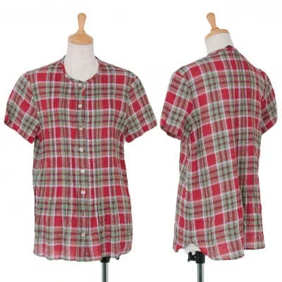【SALE】マドモアゼルノンノンMademoiselle NON NON シワ加工ノーカラー半袖チェックシャツ 赤緑他