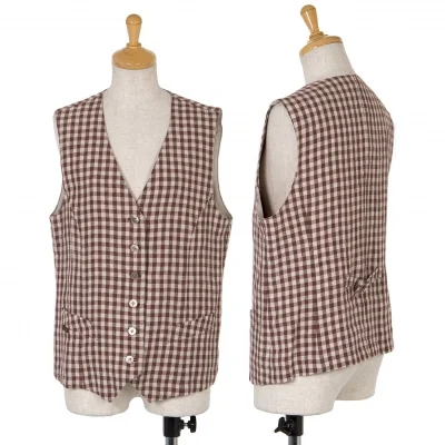 【SALE】マドモアゼルノンノンMademoiselle NON NON リネンギンガムチェックジレ 茶ベージュ
