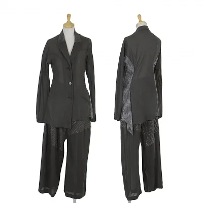 ヨウジヤマモト ファムYohji Yamamoto FEMME レース&ストライプ切替セットアップスーツ グレーシルバーラメ