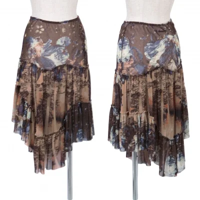 ジャンポールゴルチエファムJean Paul GAULTIER FEMME 花柄プリントギャザー切替パワーネットスカート 茶青他