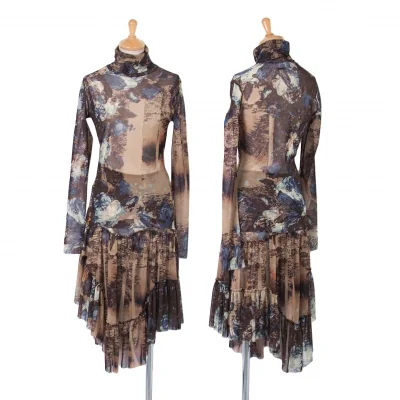 ジャンポールゴルチエファムJean Paul GAULTIER FEMME フラワープリントパワーネットセットアップスーツ 茶青他